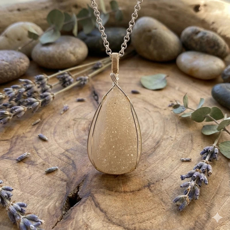 Wire-wrapped drusy agate pendant necklace on a wooden surface with lavender and stones