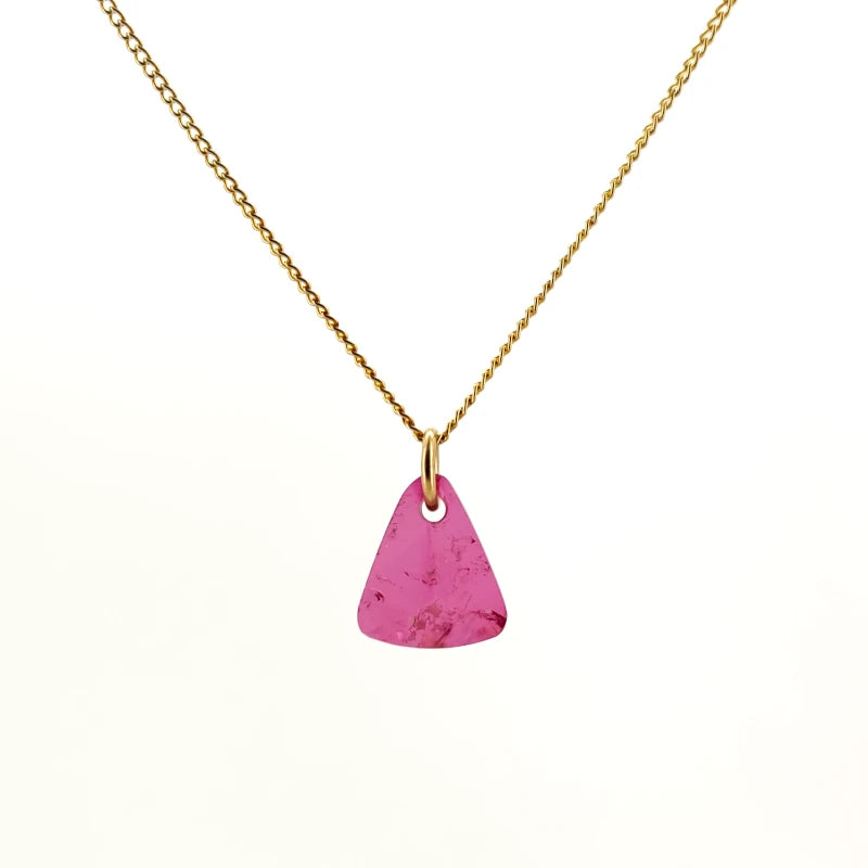 Necklace with a Pink Tourmaline pendant displaying soft pink hues with natural variations, on a white background (back view)
