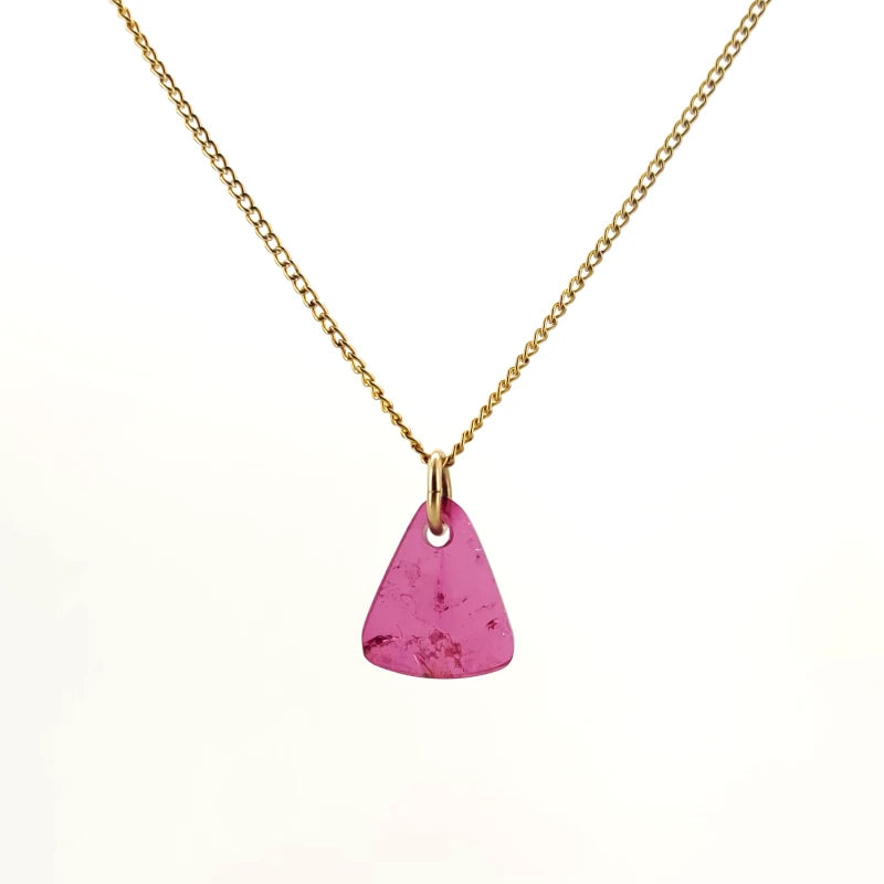Necklace with a Pink Tourmaline pendant displaying soft pink hues with natural variations, on a white background (front view)