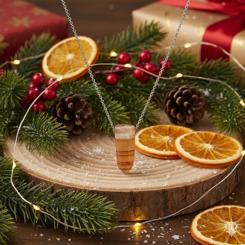 Necklace with a tangerine quartz  pendant  on a festive background with oranges, berries, and pine cones.