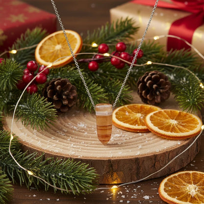 Necklace with a tangerine quartz  pendant  on a festive background with oranges, berries, and pine cones.