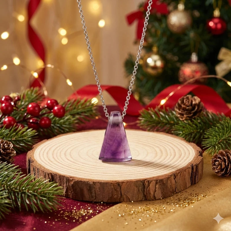 Necklace with a amethyst pendant on a wooden stand against a festive background with Christmas decorations.