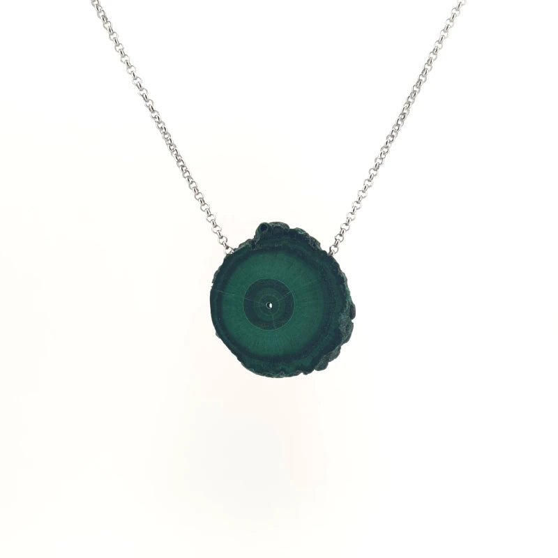 Necklace with a Malachite Stalactite Slice pendant showcasing a natural cross-section of banded green malachite, highlighting concentric growth patterns, on a white background (front view)