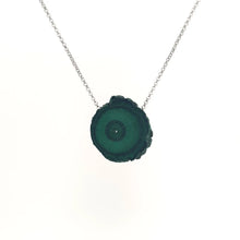 Necklace with a Malachite Stalactite Slice pendant showcasing a natural cross-section of banded green malachite, highlighting concentric growth patterns, on a white background (front view)