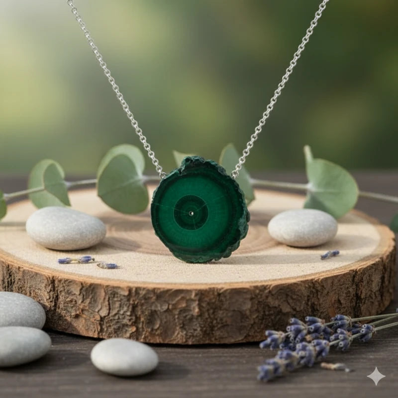 Malachite stalactite slice pendant  necklace on a wooden stand with stones and lavender