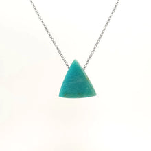 Triangle cut amazonite pendant with natural shades of blue-green on a silver chain against a white background (front view)