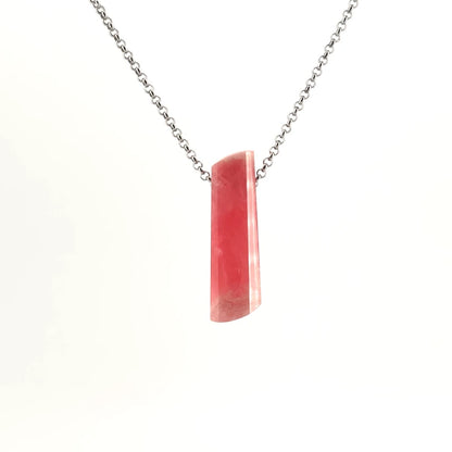 Necklace with a Rhodochrosite pendant displaying soft pink to rose-red tones with natural banding, on a white background (back view)