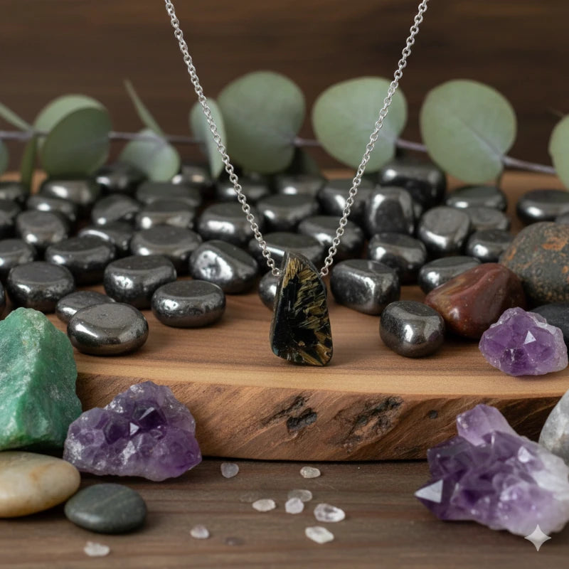 Necklace with a hematite pendant on a wooden surface surrounded by stones and crystals