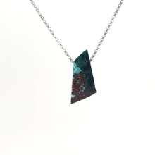 Necklace with a triangular Drusy Chrysocolla pendant combines vibrant turquoise-green tones with a sparkling drusy surface, on a white background (back view)
