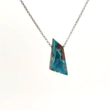 Necklace with a triangular Drusy Chrysocolla pendant combines vibrant turquoise-green tones with a sparkling drusy surface, on a white background (front view)