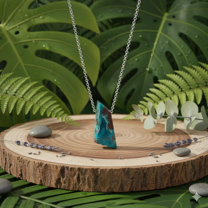 Necklace with a chrysocolla pendant on a wooden display against a green leafy background