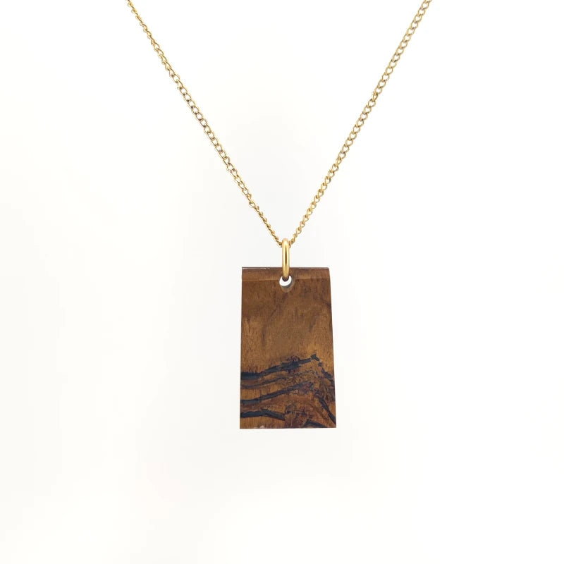 Necklace with a Mara Mamba Tiger Eye pendant featuring rich blends of gold, brown, and black tones, on a white background (back view)