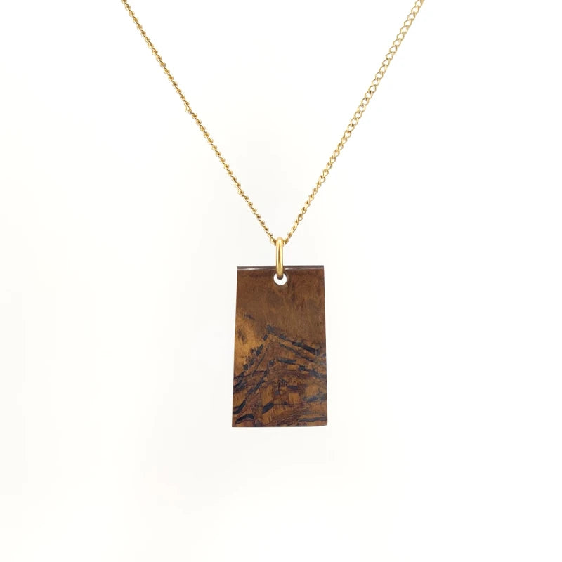 Necklace with a Mara Mamba Tiger Eye pendant featuring rich blends of gold, brown, and black tones, on a white background (front view)