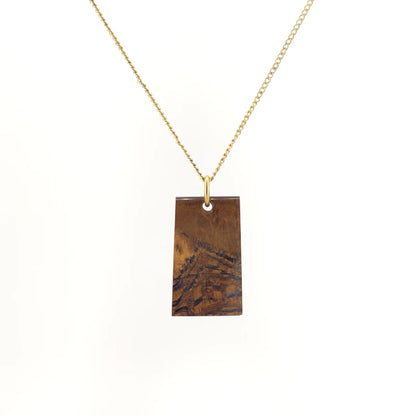 Necklace with a Mara Mamba Tiger Eye pendant featuring rich blends of gold, brown, and black tones, on a white background (front view)