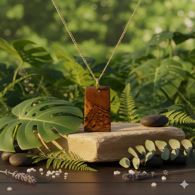 Necklace with a tiger eye gemstone pendant on a stone platform with green foliage in the background