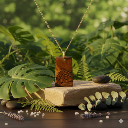Necklace with a tiger eye gemstone pendant on a stone platform with green foliage in the background