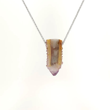 Necklace with a cactus quartz crystal on a white background (back view)