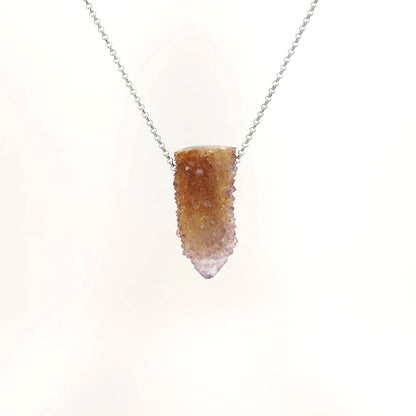 Necklace with a cactus quartz crystal on a white background (front view)