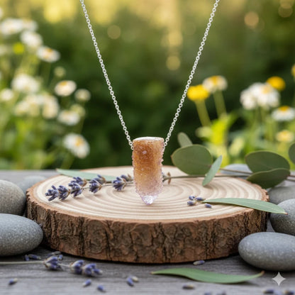 Cactus quartz pendant necklace on a wooden stand with flowers and leaves in the background