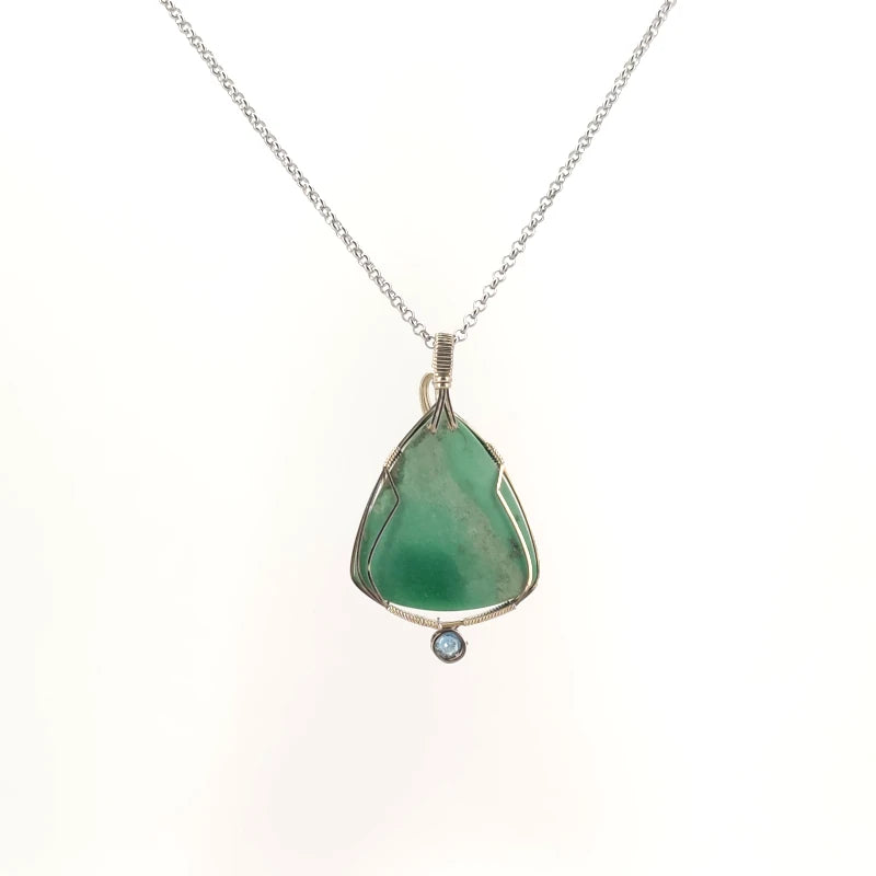 Necklace with a Variscite and Aqua pendant combining the Variscite with its soft green tones and aqua's blue tones, on a white background (back view)