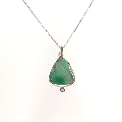 Necklace with a Variscite and Aqua pendant combining the Variscite with its soft green tones and aqua's blue tones, on a white background (back view)