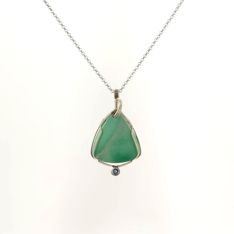 Necklace with a Variscite and Aqua pendant combining the Variscite with its soft green tones and aqua's blue tones, on a white background (front view)