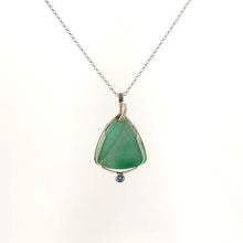 Necklace with a Variscite and Aqua pendant combining the Variscite with its soft green tones and aqua's blue tones, on a white background (front view)