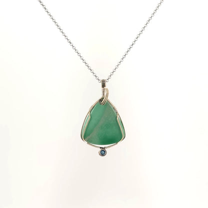 Necklace with a Variscite and Aqua pendant combining the Variscite with its soft green tones and aqua's blue tones, on a white background (front view)