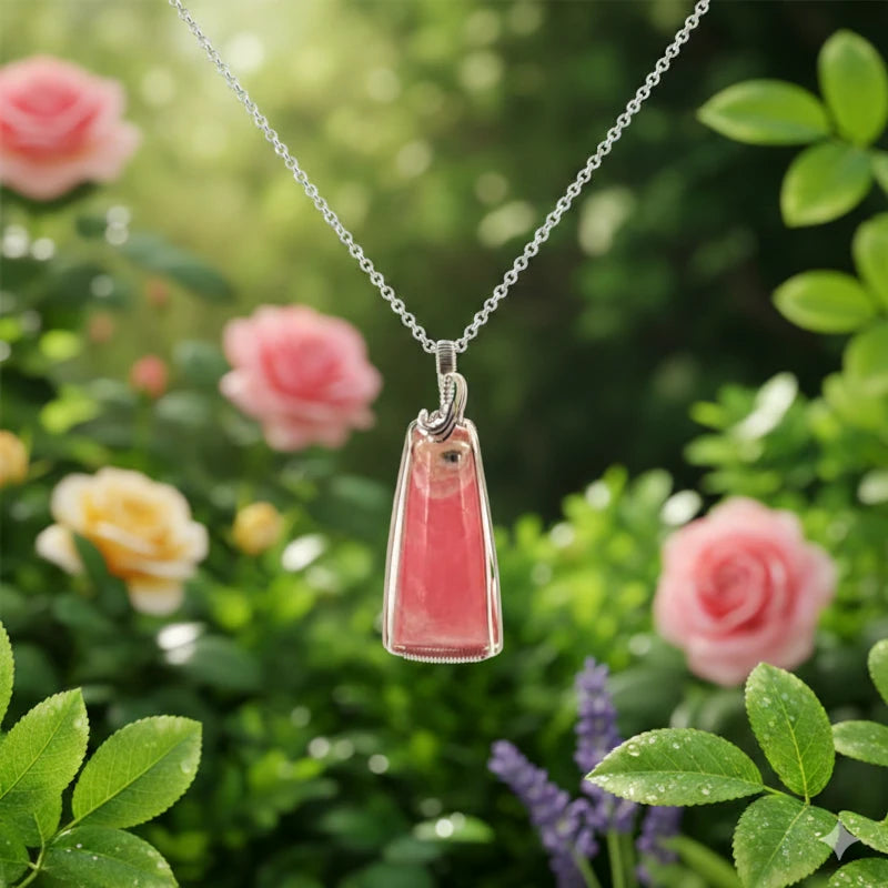 Necklace with a wire-wrapped rhodochrosite pendant against a floral background
