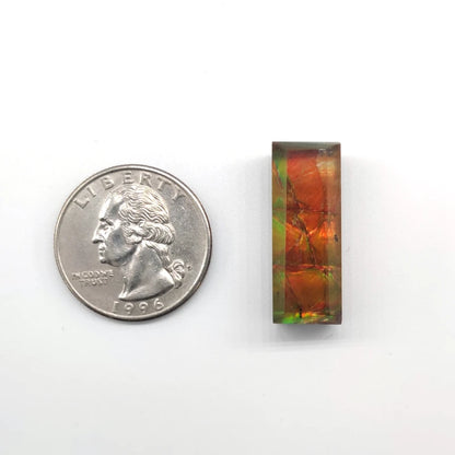 Ammolite stone pendant next to a quarter on a white background