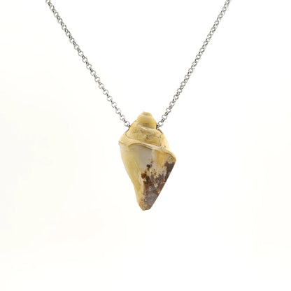 Necklace with a Drusy Fossil Shell pendant combining natural fossil shell with sparkling crystal surfaces, on a white background (back view)