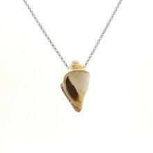 Necklace with a Drusy Fossil Shell pendant combining natural fossil shell with sparkling crystal surfaces, on a white background (front view)