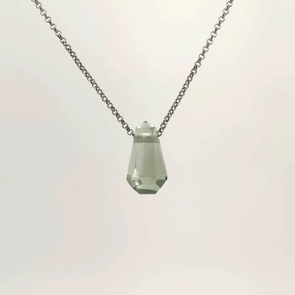 Necklace with a faceted Prasiolite pendant featuring soft green tones, on a white background (back view)