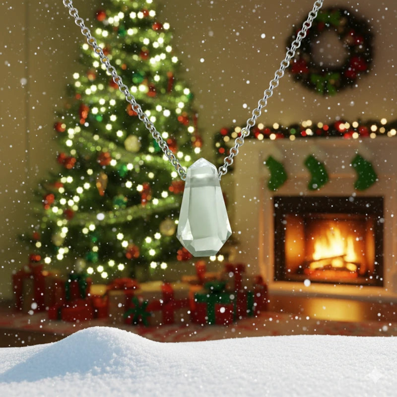Necklace with a large crystal pendant in front of a festive Christmas scene with a tree and fireplace.