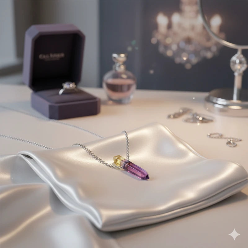 Necklace with an amethyst and citrine intarsia pendant on a satin cloth, with a blurred background of jewelry and a chandelier.