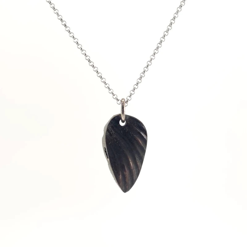 Necklace with a Drusy Pyritized Ammonite pendant, on a white background (back view)