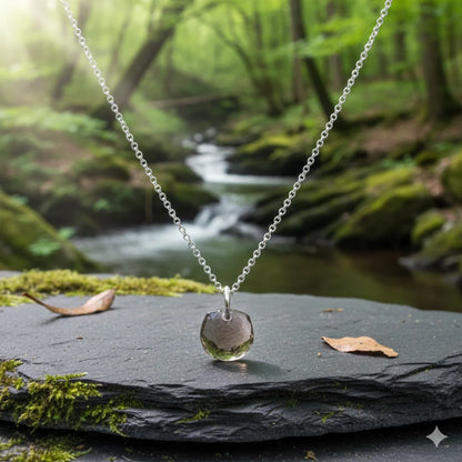 Necklace with a smokey quartz pendant on a stone in a forest setting