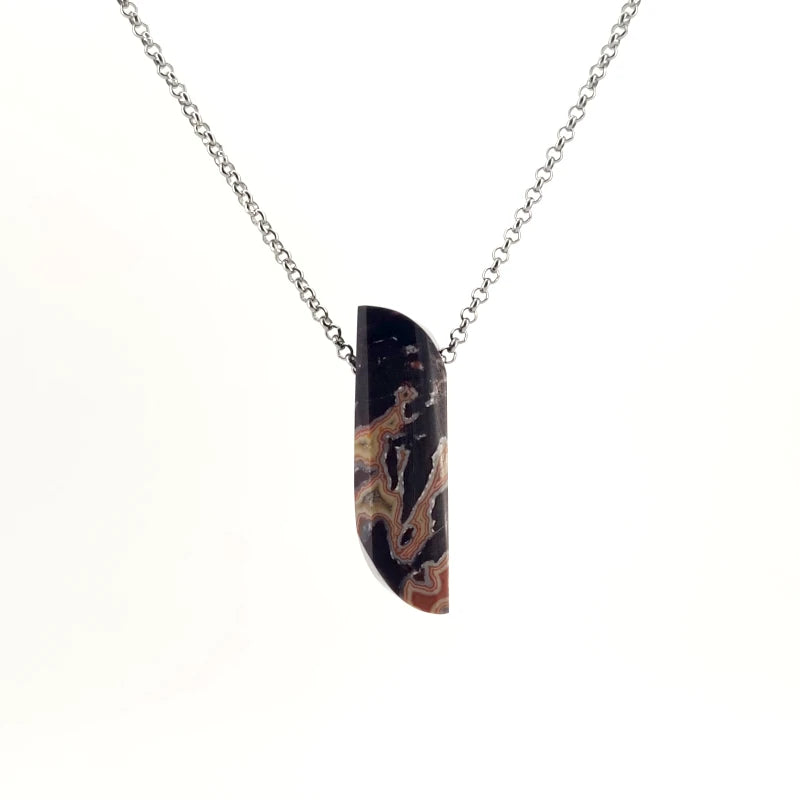 Necklace with a Dryhead Agate pendant showcasing earthy tones with intricate banding patterns, on a white background (front view)