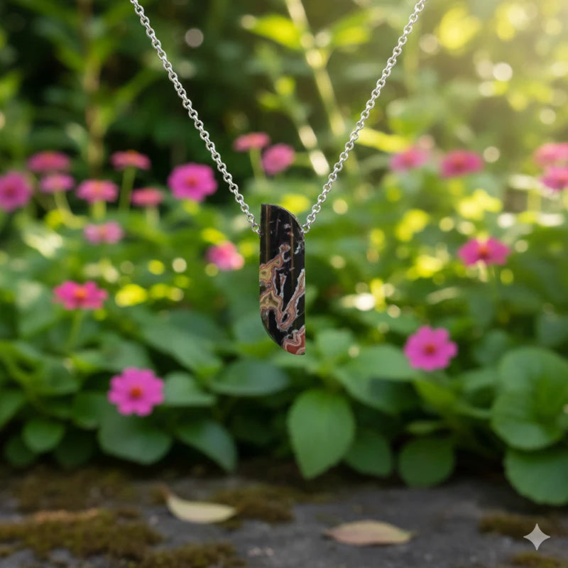 Necklace with a dryhead agate pendant in front of pink flowers