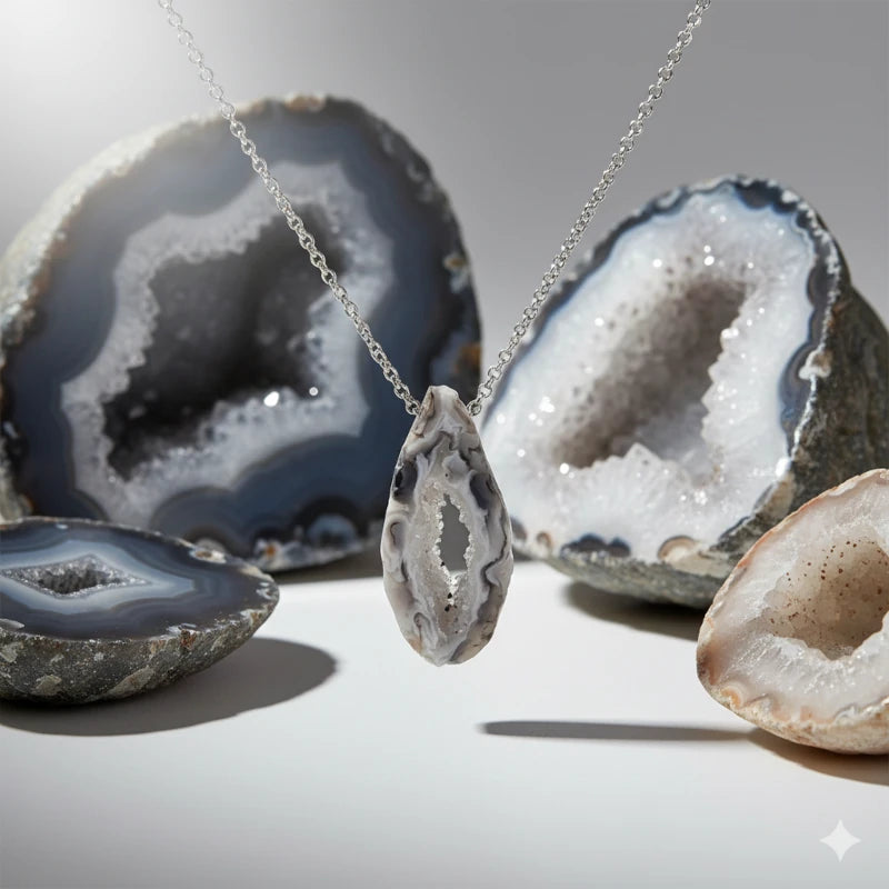Necklace with a oco geode pendant displayed with other geodes in background