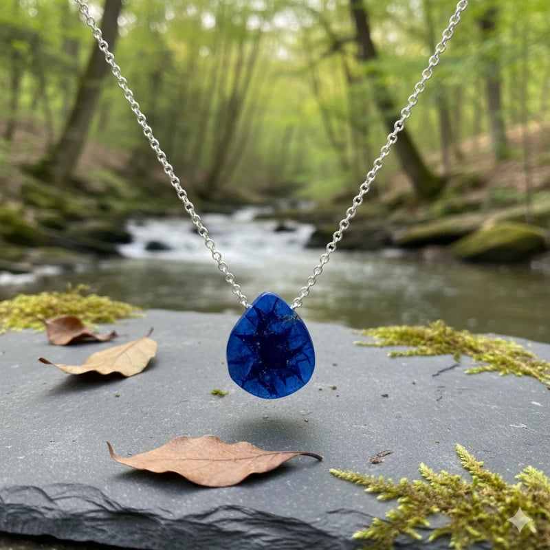 Blue teardrop azurite geode pendant necklace on a chain with a natural background of a stream and trees.