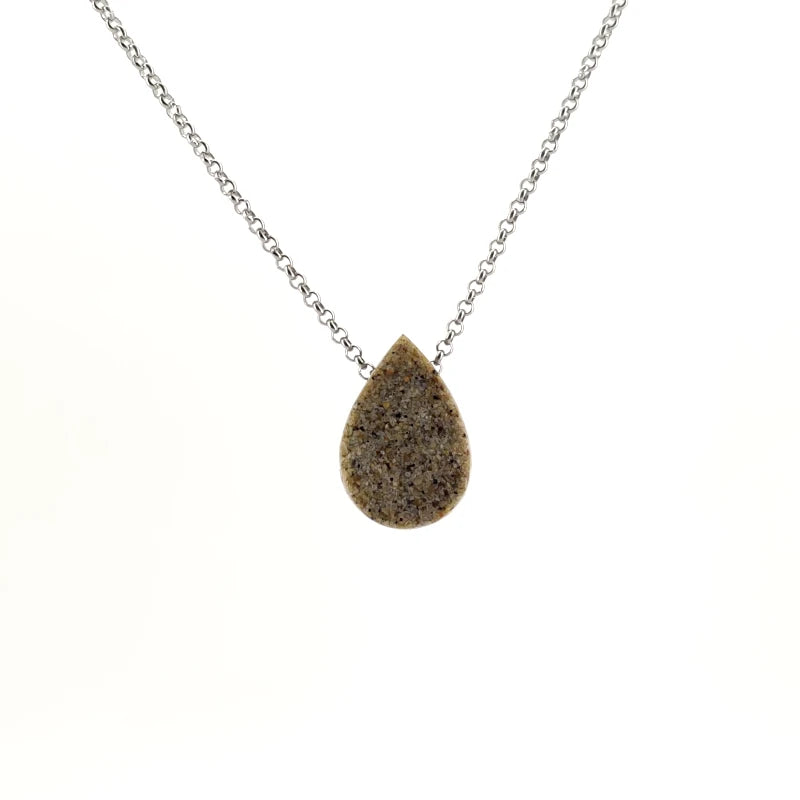 Necklace with a teardrop-shaped Angel Aura Treated Drusy pendant on a white background (back view)
