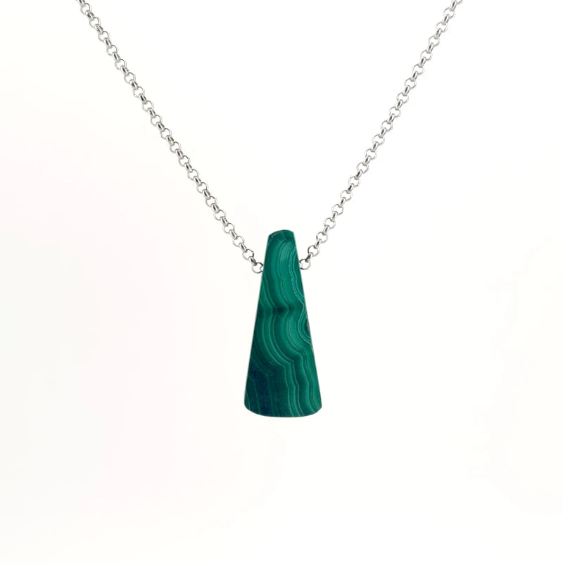 Necklace with a Malachite pendant highlighting rich green hues with distinctive natural banding, on a white background (back view)
