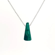 Necklace with a Malachite pendant highlighting rich green hues with distinctive natural banding, on a white background (back view)
