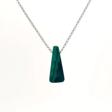 Necklace with a Malachite pendant highlighting rich green hues with distinctive natural banding, on a white background (front view)