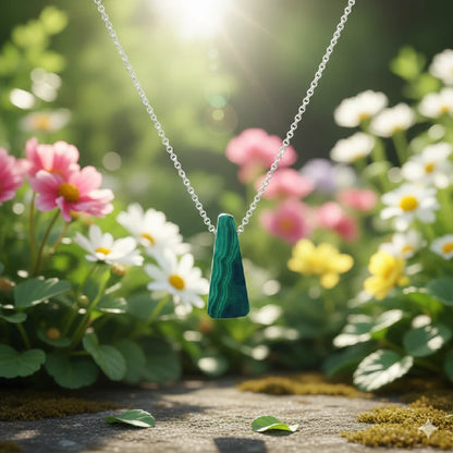 Necklace with a malachite pendant against a natural background of flowers