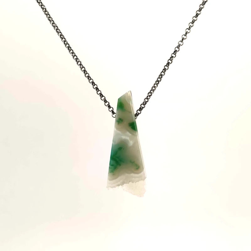 Necklace with a triangular Chrysocolla in White Agate pendant featuring calming blue-green tones framed within creamy white agate (front view)