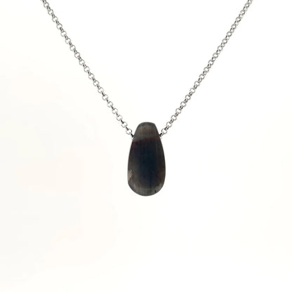 Necklace with a Labradorite pendant showcasing natural flashes of iridescent blue, green, and gold, on a white background (back view)