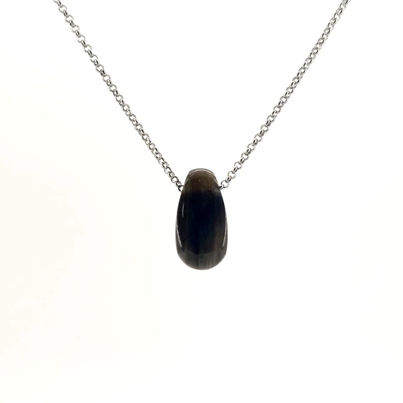 Necklace with a Labradorite pendant showcasing natural flashes of iridescent blue, green, and gold, on a white background (front view)