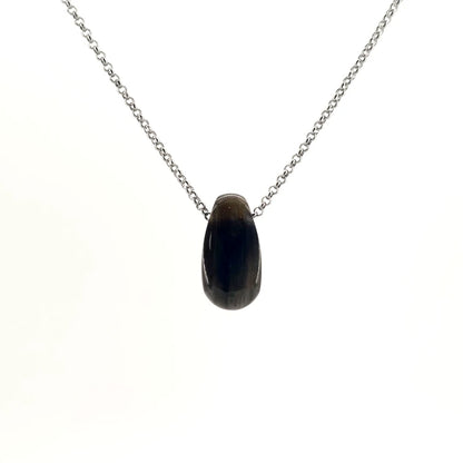 Necklace with a Labradorite pendant showcasing natural flashes of iridescent blue, green, and gold, on a white background (front view)
